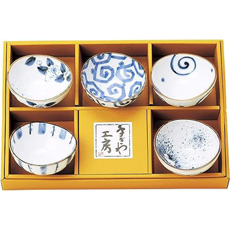 ICHIYAMA日本美浓烧染工房5种花纹椭圆小碗套装系列， 付黄棕色小礼盒