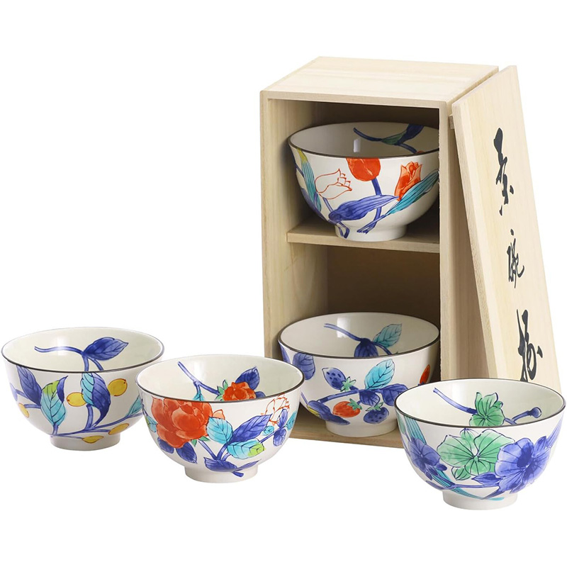 CERAMIC-AI日本CERAMIC-AI美浓烧瓷器花卉景泰蓝饭碗5件套 天然木礼盒装